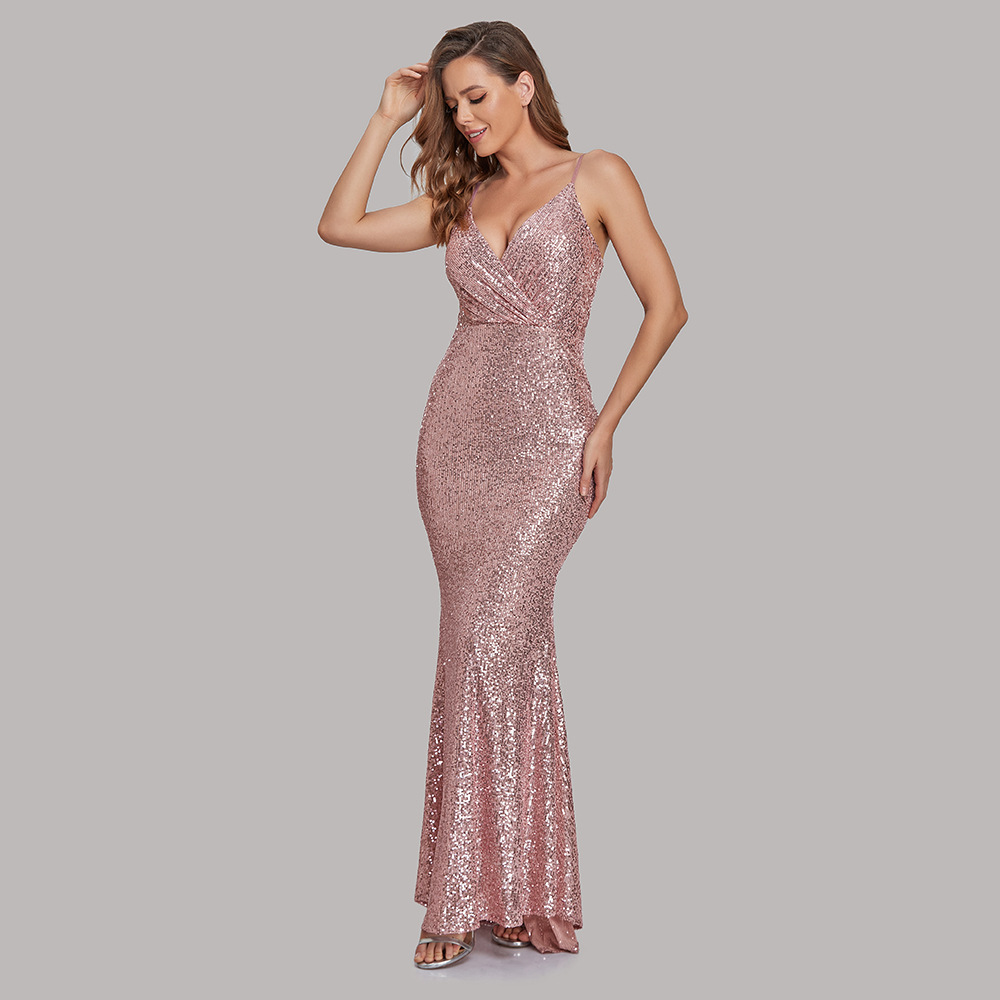 Clothing Manufacturers Women Luxury Dress Elegant Glittering Rose Gold Sequined Evening Gown With Spaghetti Straps