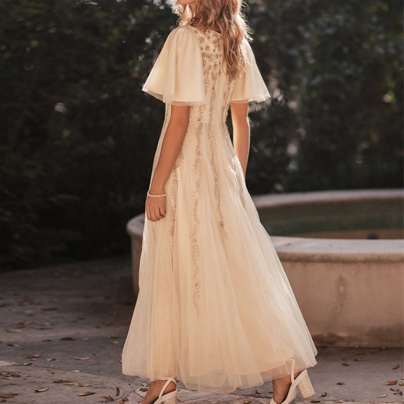 Customizable Women's Shiny Mesh Party Sequins Dresses Puffy Sleeves Layered Tulle Embroidery Dress