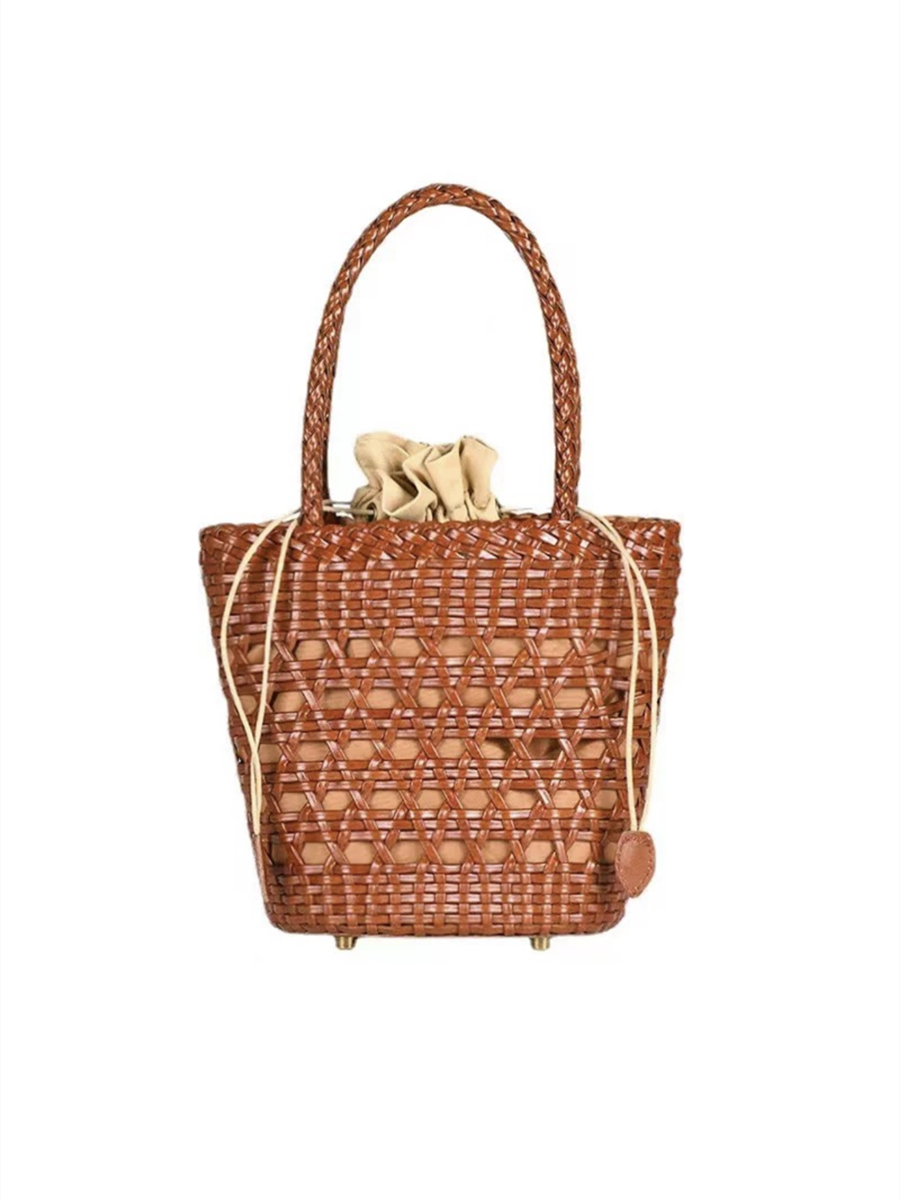 New Design Woman Handbag Handwoven Leather Bucket Tote Bag Cross-Weave Cannage Design Lightweight Spacious Casual Bag