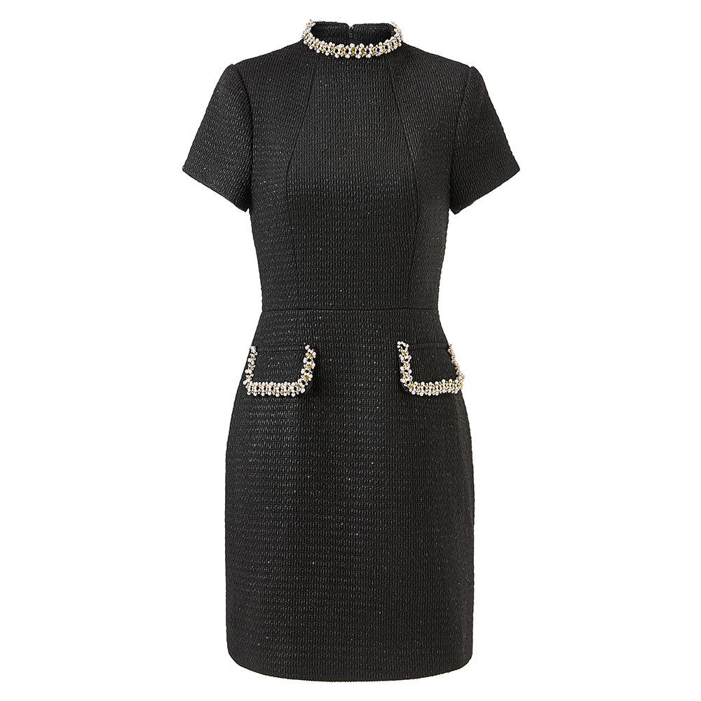 2025 New Beaded Short-Sleeved Prom Dress Solid Pattern Stand-Up Collar Fine Coarse Spinning Woven Natural Hot Sale Wear Washable