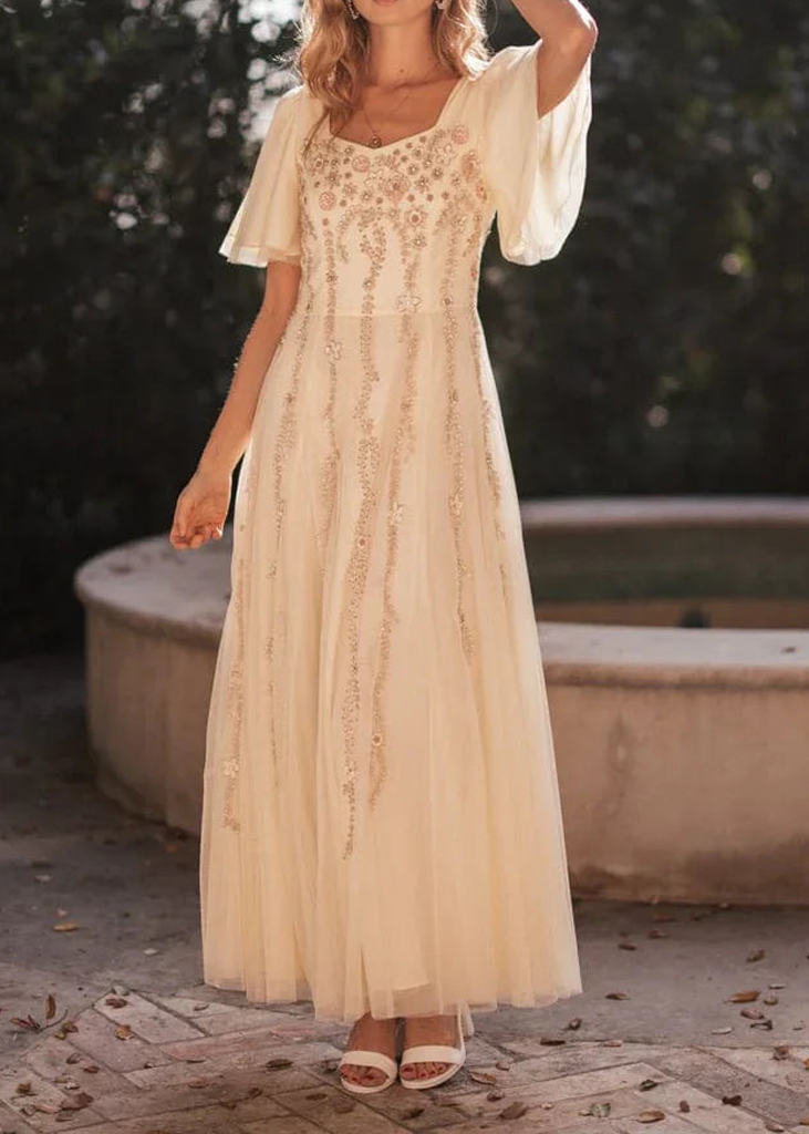 Customizable Women's Shiny Mesh Party Sequins Dresses Puffy Sleeves Layered Tulle Embroidery Dress