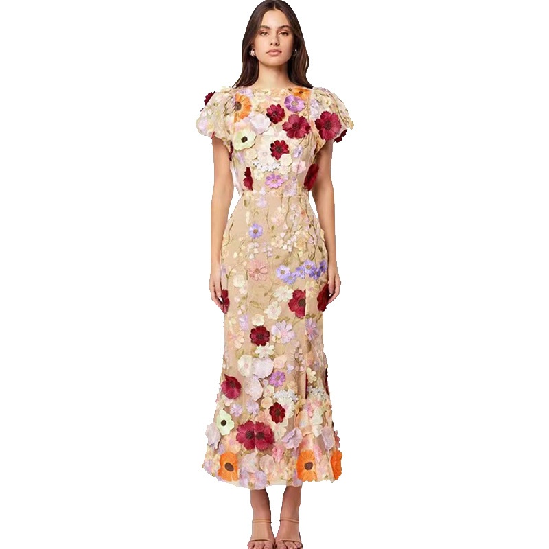 2025 Luxury Floral Embroidered Bodycon Dress Maxi Woven Chiffon Puff Sleeves Digital Printing Beading Party Natural ODM