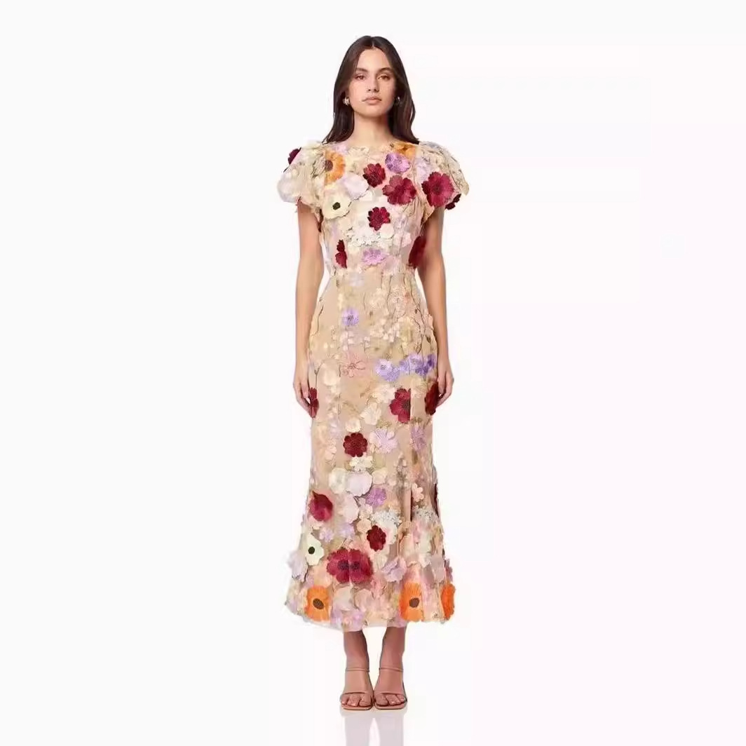 2025 Luxury Floral Embroidered Bodycon Dress Maxi Woven Chiffon Puff Sleeves Digital Printing Beading Party Natural ODM